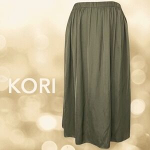 Kori Plus Heather Satin A-Line Elastic Waist Side Slit Skirt Olive Green 1XL NEW